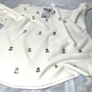 Liv Milano Ivory Dolman Sleeve Sweater with Rhinestone Flowers, NWT, Large